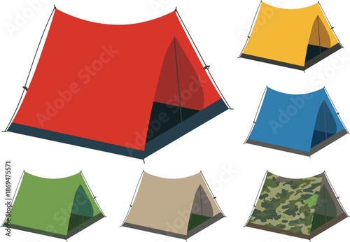 Camping Tent Set Illustration, colorful outdoor shelter collection, flat vector tents for hiking travel adventure survival design camping equipment icons