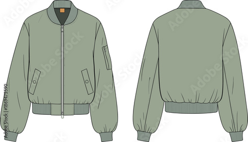 Bomber Jacket Technical Drawing, cad drawing flat vector illustration, Front Back View Apparel Fashion Design Sewing Pattern Clothing Mockup