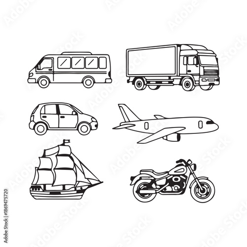 Hand-Drawn Transportation and Vehicle Line Art Icon Set