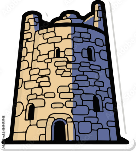 Stone tower illustration with light tan and blue-gray sections, arched entrance, windows