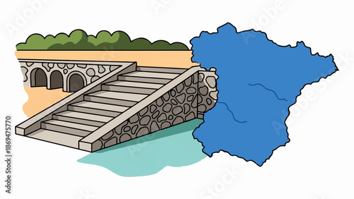 Stone stairs lead down to water, beside a rocky embankment and green bushes