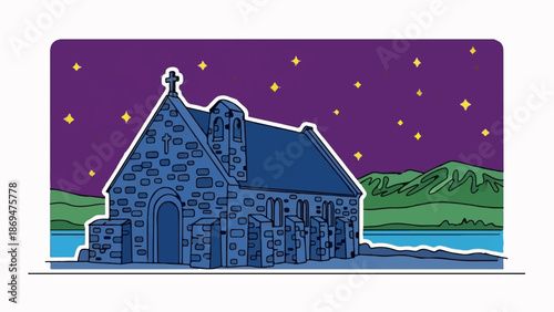 Stone chapel with cross at night under starry sky