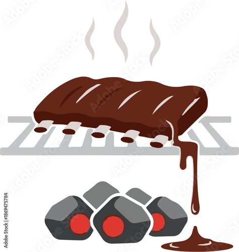 Steaming ribs on grill with dripping sauce and coals below