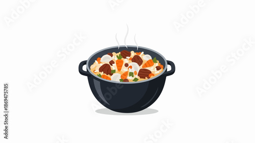 Steaming pot of pilaf with meat, carrots, and onions