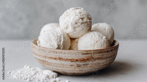 Elegant Arrangement of Natural Bath Bombs in a Rustic Bowl on a Soft Gray Background, Showcasing Organic Ingredients and Handmade Craftsmanship