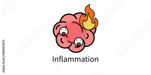 Inflammation Concept Icon. Cartoon Cell Character on Fire Representing Infection, Pain, and Swelling.