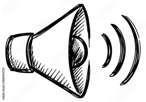 Hand drawn line art illustration of a sound icon depicting volume waves for communication and alerts