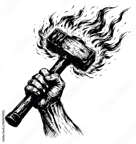 Hand drawn line art illustration of a hand gripping a sledgehammer depicting intense flames for themes of power and labor