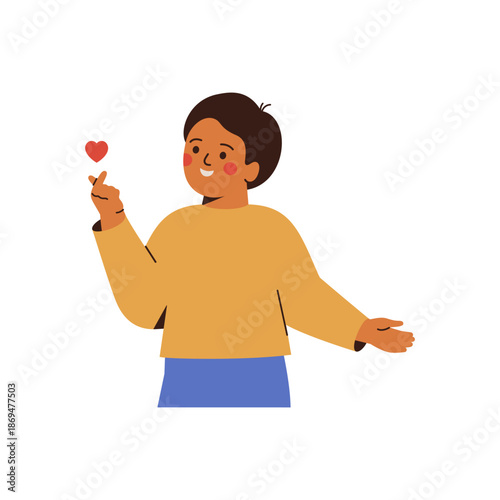 Happy small boy make heart shape by fingers. Korean child show hand gesture of love and respect, kindness, relationship and friendship symbol. Vector illustration