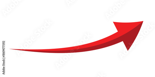 Upward curved red arrow showing growth direction. Rising progress arrow for business, success and trend increase concept