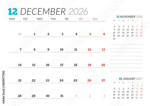 December 2026 Monthly Calendar Template for Planning and Organization ensures clean weekly structure with blank lines for tracking events. Week starts on Sunday. Good for teams and individuals