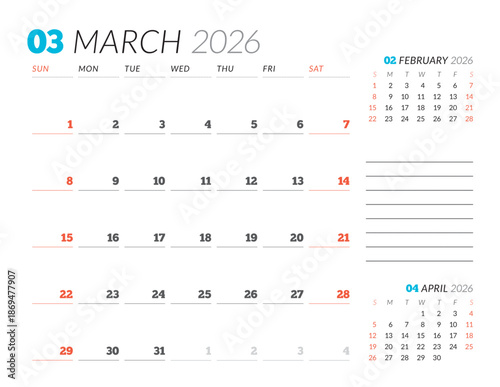 March 2026 Monthly Calendar Template boosts business planning with minimalist blank lines, ideal for meeting rooms and workflow management, streamlines productivity, vector illustration
