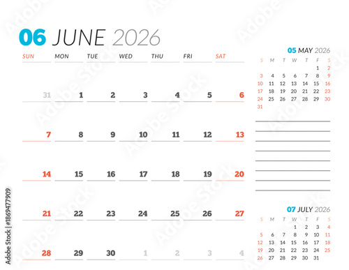 June 2026 Monthly Calendar Template streamlines business tasks with minimalist blank lines, perfect for planning sessions and workflow optimization in office settings, vector illustration
