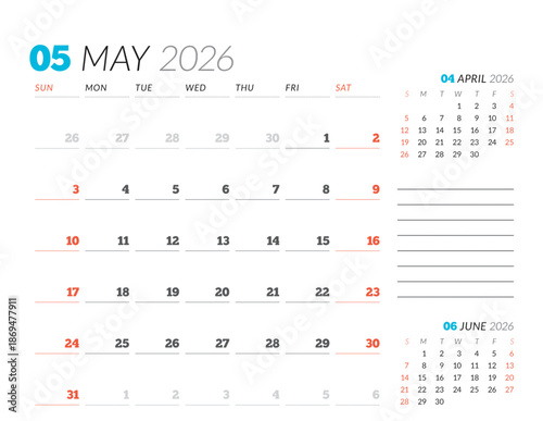 May 2026 Monthly Calendar Template refines executive strategies using minimalist blank lines, perfect for planning goals and focus tracking, great for business use, vector illustration