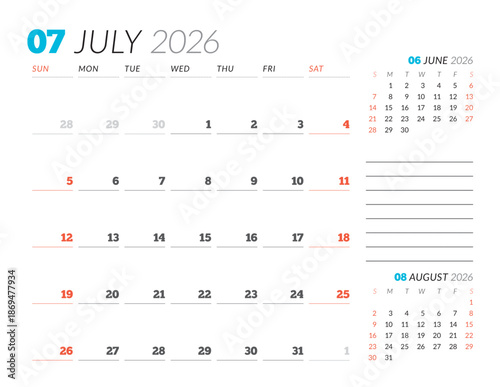 July 2026 Monthly Calendar Template supports strategic planning with minimalist blank lines, ideal for organized workspaces and efficient scheduling routines, vector illustration