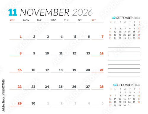 November 2026 Monthly Calendar Template strengthens team structure with minimalist blank lines, perfect for managing tasks and planning flows in office setups, vector illustration