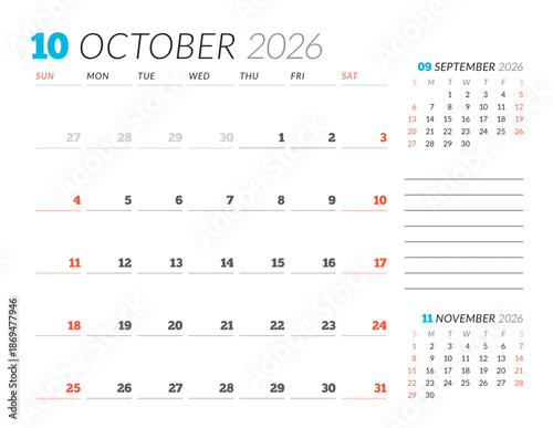 October 2026 Monthly Calendar Template simplifies scheduling with minimalist blank lines, ideal for business desks and planning efficiency, enhances productivity and clarity, vector illustration