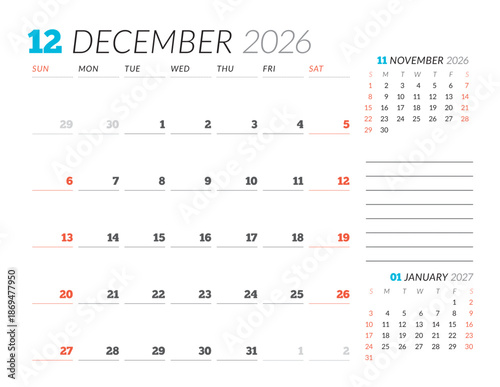 December 2026 Monthly Calendar Template improves executive planning with minimalist blank lines, ideal for business workflows and strategy meetings, supports efficiency, vector illustration