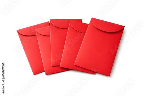 Five Red Envelopes (Ang Pao) Arranged on White Background