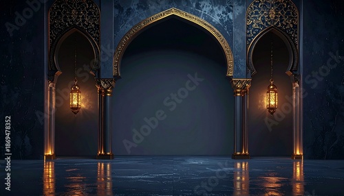 Luxurious Islamic Archway with Hanging Lanterns and Reflective Floor, Evoking a Sense of Grandeur and Serenity