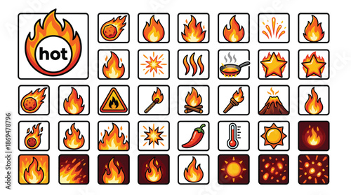 A collection of various fire and heat icons on a white background