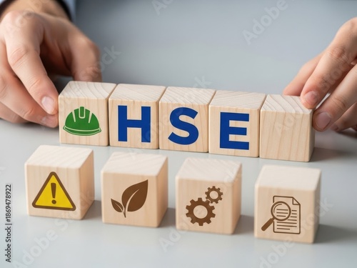 Hands arranging wooden blocks with hse and safety icons