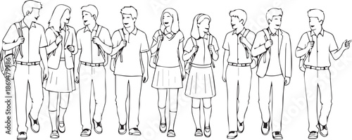 Group of young students walking and talking, black and white line art illustration isolated PNG with Transparent Background