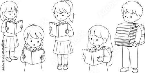 Children reading books and carrying schoolbooks, black and white line art illustration isolated PNG with Transparent Background