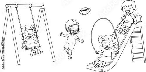 Kids Playground Fun with Swing, Slide, Football, and Jump Rope Outline Vector isolated PNG with Transparent Background