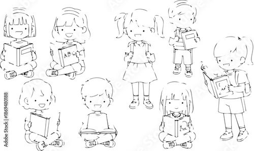 Cute Hand Drawn Line Art Children Reading Books Set Isolated Illustration isolated PNG with Transparent Background