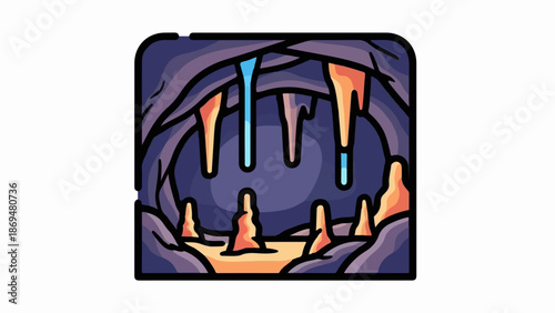 Stylized cave interior with dripping stalactites and rising stalagmites