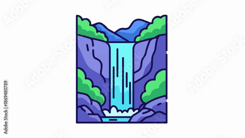 Stylized cascade plunges down purple cliffs, framed by lush green foliage and blue mountains