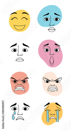 Collection of human facial expressions ranging from happy and surprised to angry and sad is displayed in a stylized art format.
