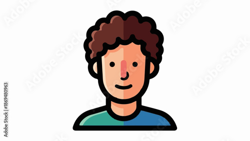 Stylized cartoon portrait of a person with curly brown hair and a smiling expression