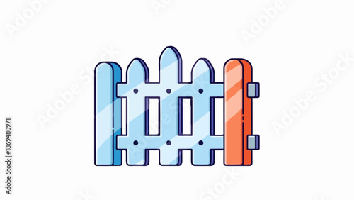 Stylized cartoon picket fence, blue and orange, on white background