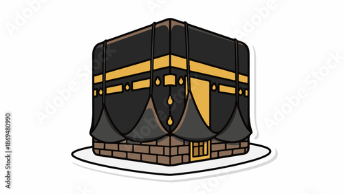 Stylized cartoon of the Kaaba, a cubic structure covered in black cloth with gold accents