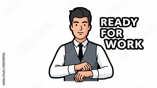 Stylized cartoon man in a vest and tie, looking at his wrist