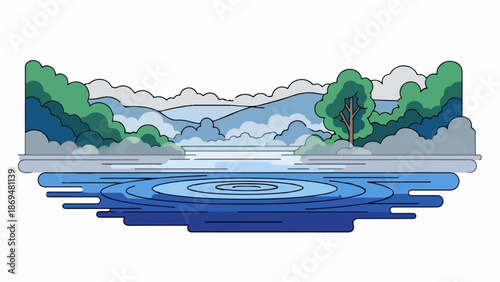Stylized depiction of a tranquil lake scene with layered blue water and misty, green hills