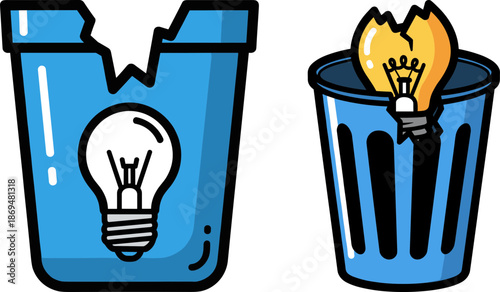 Light bulb in a blue trash can symbolizing wasteful disposal of ideas, on a transparent background, drawing illustration with bright colors and graphic style