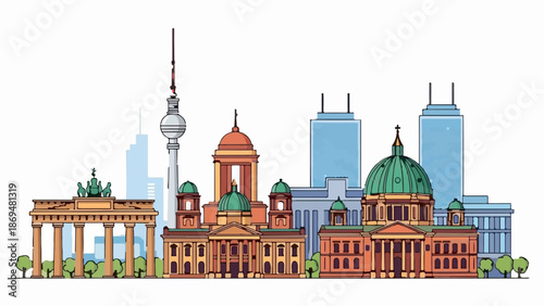 Stylized city skyline featuring iconic landmarks and modern towers