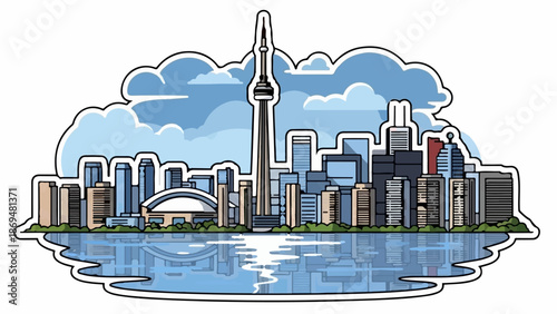 Stylized city skyline with iconic tower and water reflection under cloudy sky