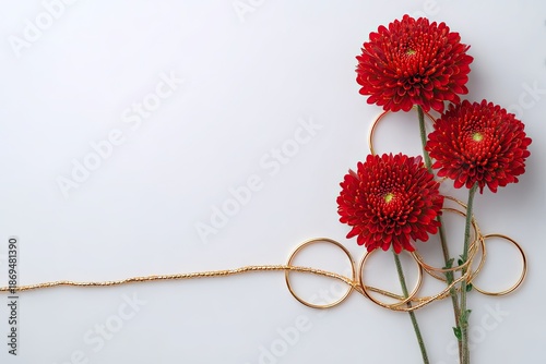 Red Chrysanthemum Flowers with Gold Chain and Circles on White Background