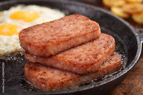Crispy fried spam slices with sunny side up eggs in a cast iron skillet showcasing hearty breakfast comfort food