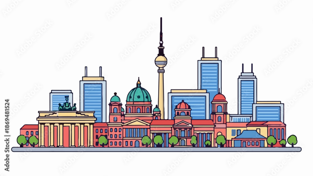 Obraz premium Stylized cityscape illustration featuring iconic buildings, domes, and modern high-rises against a white background