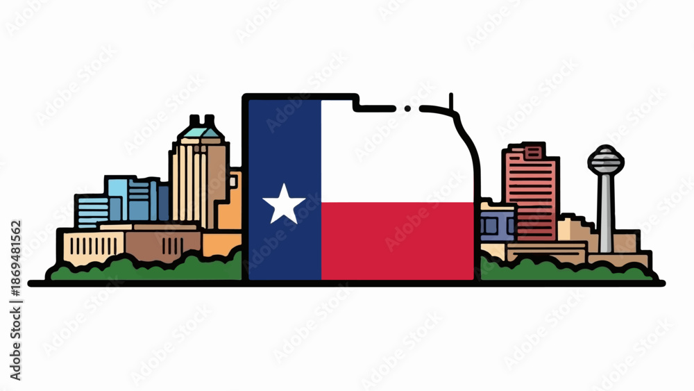 Obraz premium Stylized cityscape silhouette incorporating the Texas state flag