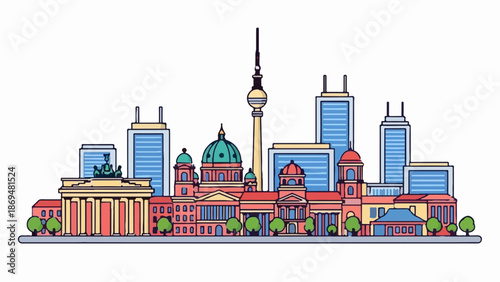 Stylized cityscape illustration featuring iconic buildings, domes, and modern high-rises against a white background