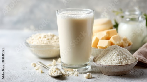 A glass of milk, powdered milk, and butter on a textured surface