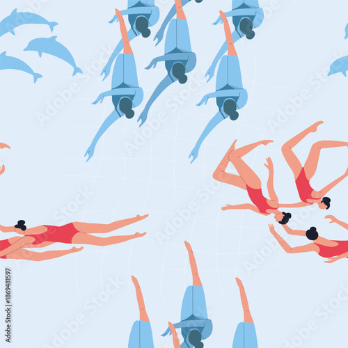 Seamless pattern synchronized swimming, women's team performance. Hand drawn vector illustration.