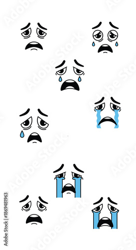 Series of crying and sad facial expressions shows different stages of grief and unhappiness in a simple line art style.