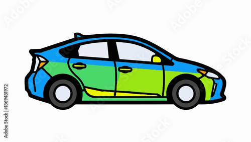 Stylized car with vibrant blue, green, and yellow panels, rendered in a flat, illustrative style